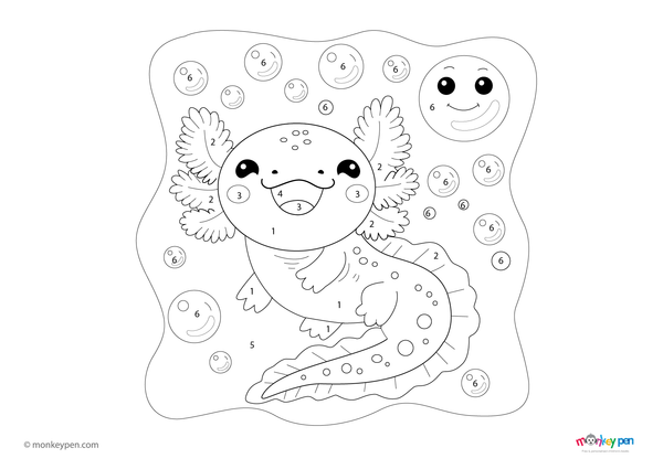 Downloadable color-by-number worksheet of an axolotl, with numbered sections for body, gills, and aquatic background.