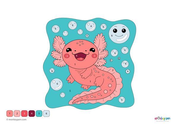 Downloadable color-by-number worksheet of an axolotl, with numbered sections for body, gills, and aquatic background.