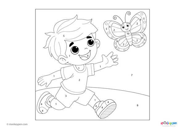 Color-by-number worksheet of a boy and butterfly – free download to color his outfit, butterfly wings, and outdoor scene.