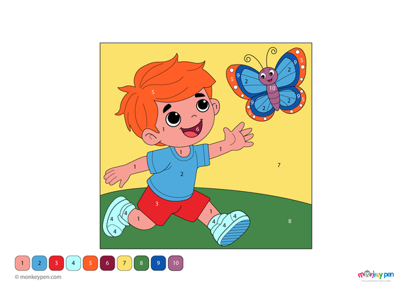 Color-by-number worksheet of a boy and butterfly – free download to color his outfit, butterfly wings, and outdoor scene.