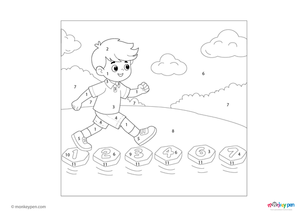 Downloadable color-by-number worksheet of a boy playing, with numbered sections for clothing, toys, and background.