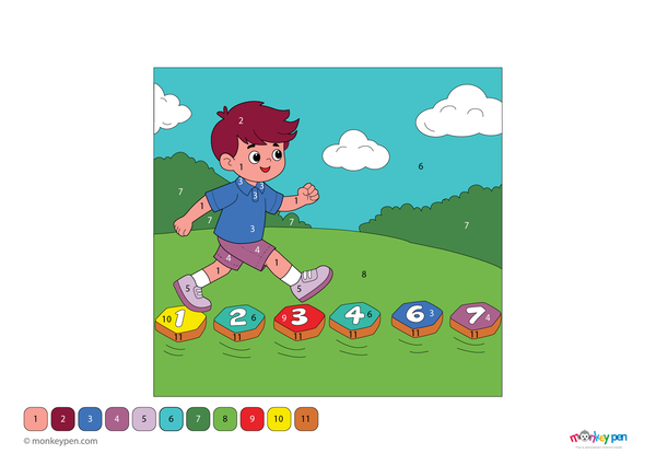 Downloadable color-by-number worksheet of a boy playing, with numbered sections for clothing, toys, and background.