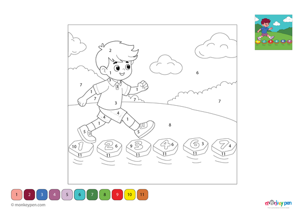 Downloadable color-by-number worksheet of a boy playing, with numbered sections for clothing, toys, and background.