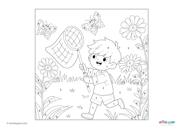 Color-by-number worksheet of a child running after a butterfly – free download to color outfit, wings, and nature background.