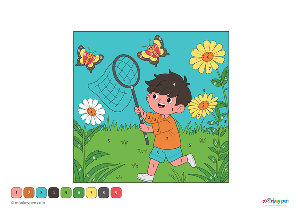 Color-by-number worksheet of a child running after a butterfly – free download to color outfit, wings, and nature background.