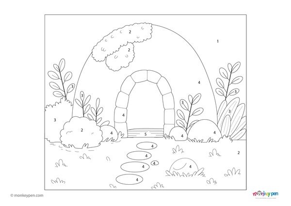 Color-by-number worksheet of a warm animal den – free download to color habitat details, earthy textures, and background.