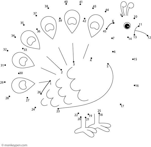 An outline of a peacock with decorative feathers appears as children connect the numbered dots.