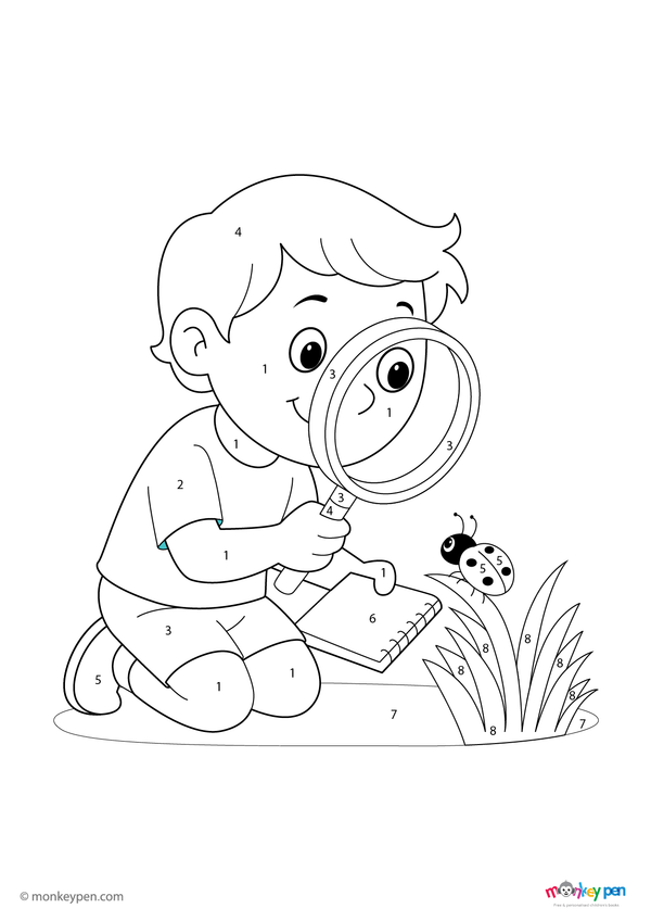 Color-by-number worksheet of a child looking at a bug – free download to color outfit, insect, and surrounding nature scene.
