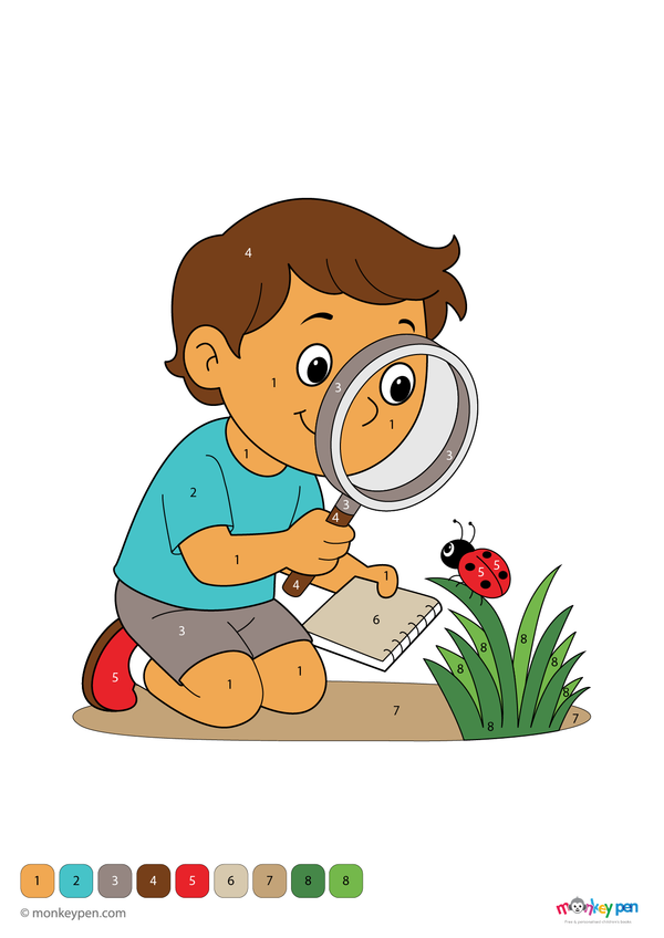 Color-by-number worksheet of a child looking at a bug – free download to color outfit, insect, and surrounding nature scene.