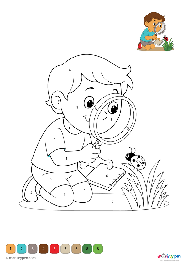 Color-by-number worksheet of a child looking at a bug – free download to color outfit, insect, and surrounding nature scene.