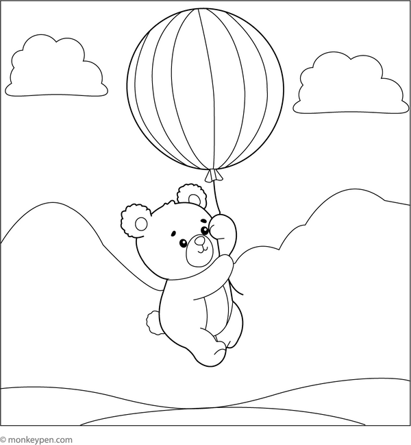 Little Bear Floating in a Balloon Coloring Page