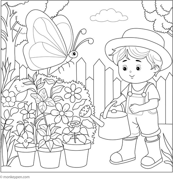 Butterflies and the Little Gardener Coloring Page – fun and educational printable for children