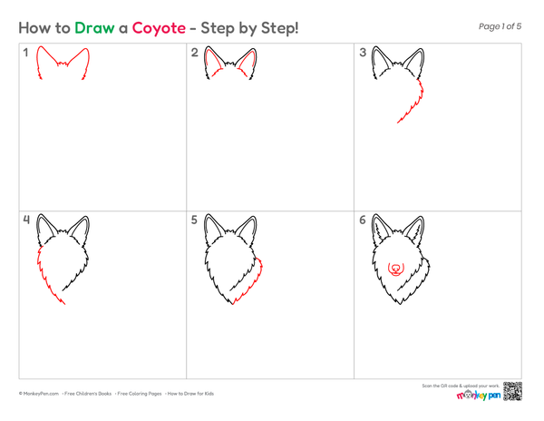 Step-by-step coyote drawing with tail and fur texture details.