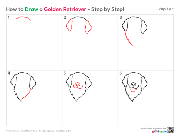 Step-by-step golden retriever drawing with fluffy coat and tail details.