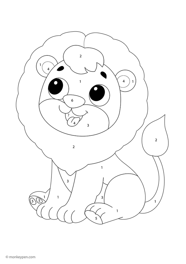 Free downloadable color-by-number worksheet featuring a playful lion cub with numbered sections on its fur, paws, and face—perfect for toddlers learning numbers while enjoying a fun jungle-themed coloring activity.