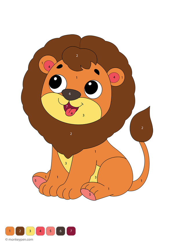 Free downloadable color-by-number worksheet featuring a playful lion cub with numbered sections on its fur, paws, and face—perfect for toddlers learning numbers while enjoying a fun jungle-themed coloring activity.