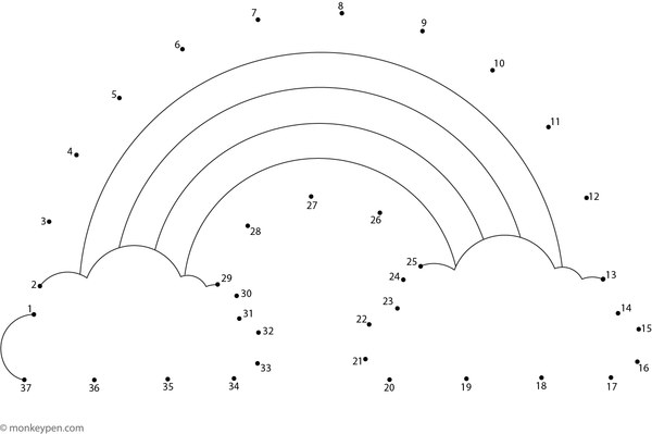 A rainbow arch with clouds forms as children connect the dotted numbers sequentially.