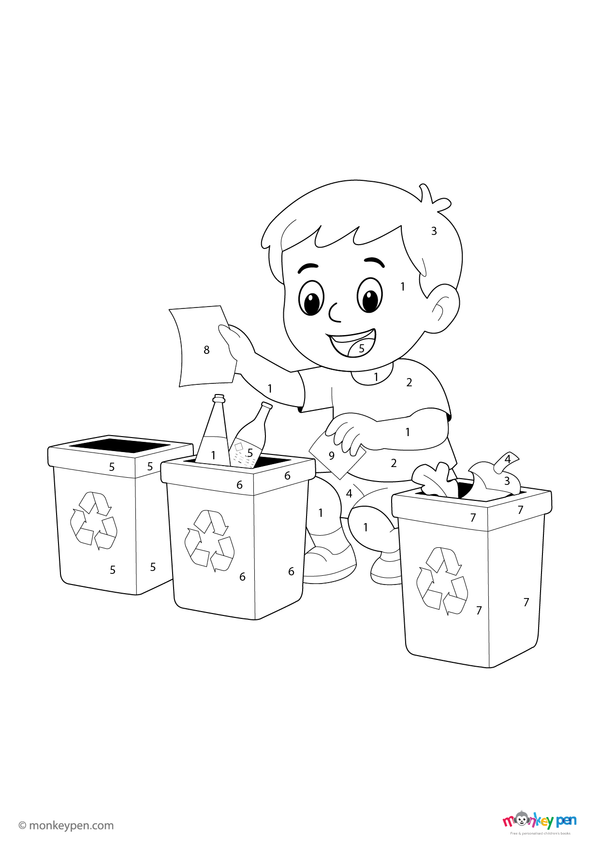 Color-by-number worksheet of a boy practicing recycling – free download to color outfit, bins, and eco-friendly scene.