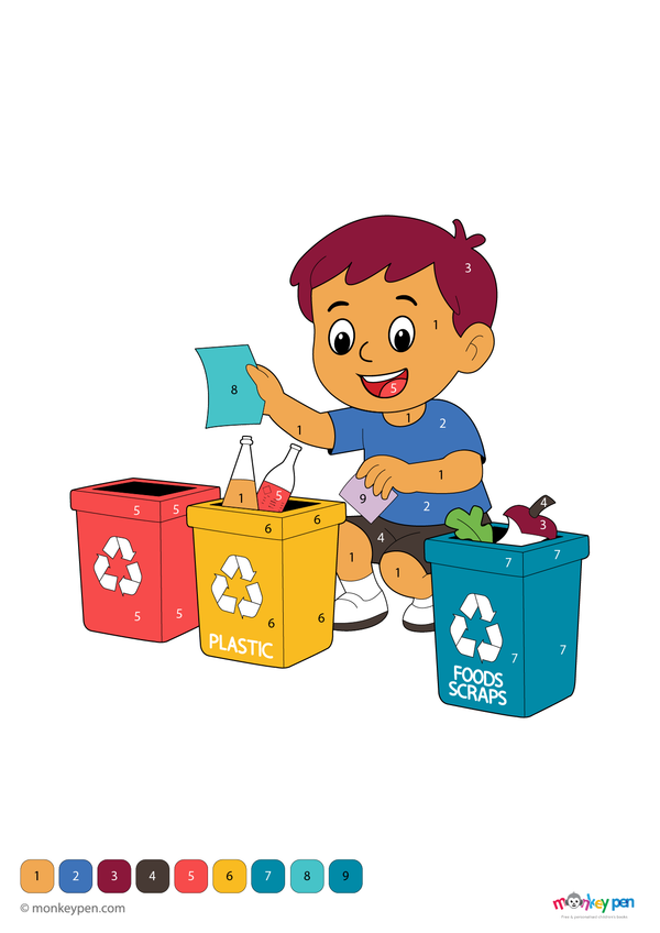 Color-by-number worksheet of a boy practicing recycling – free download to color outfit, bins, and eco-friendly scene.