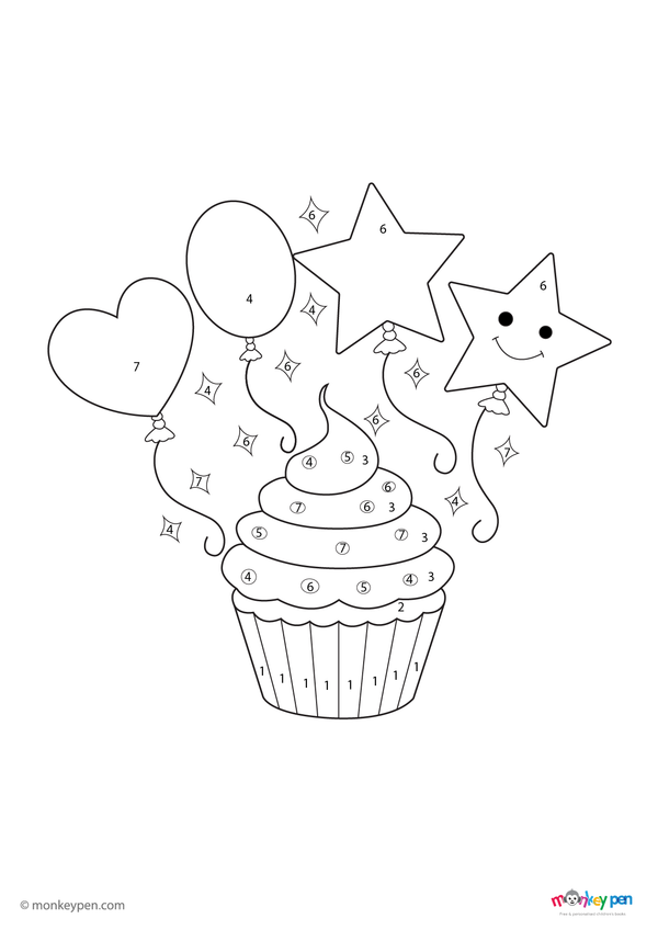 Color-by-number worksheet of a fun cupcake – free download to color frosting, decorations, and dessert details.