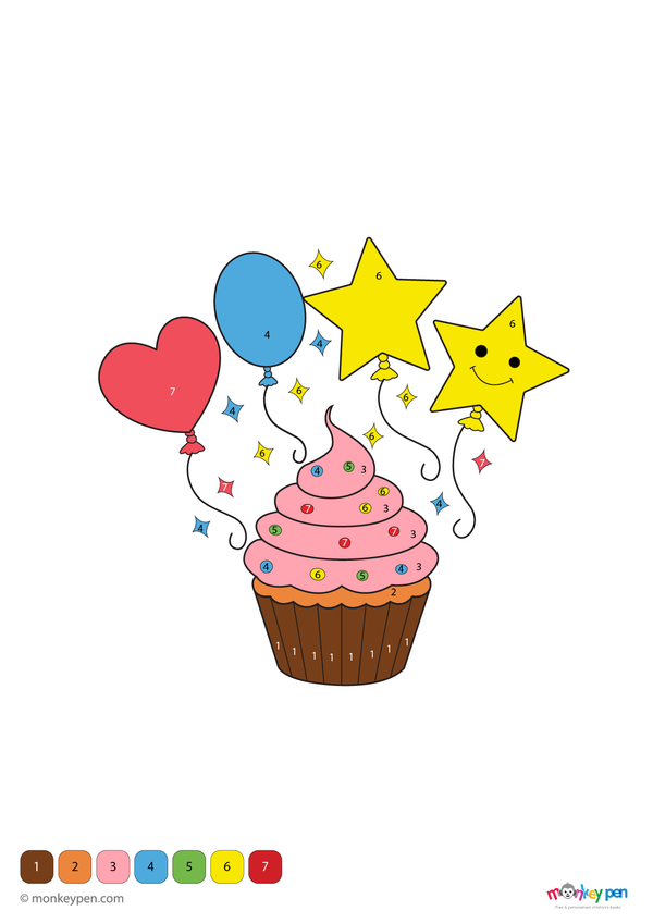 Color-by-number worksheet of a fun cupcake – free download to color frosting, decorations, and dessert details.