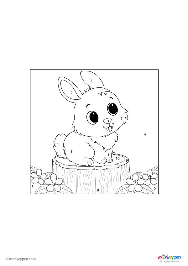 Smiling bunny sitting in grass, animal-themed coloring activity with numbers for kids.