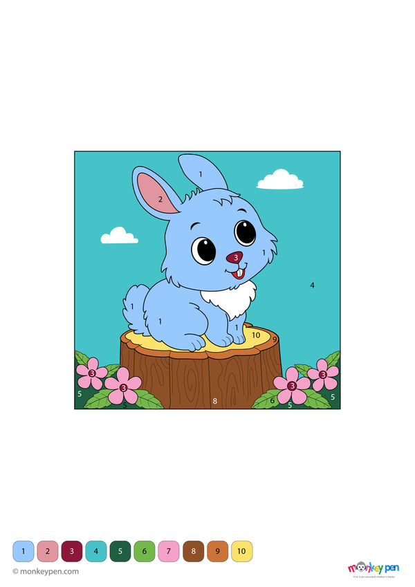 Smiling bunny sitting in grass, animal-themed coloring activity with numbers for kids.