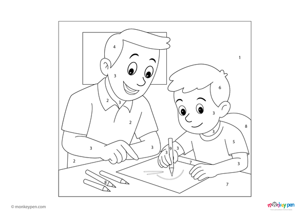 Father guiding child with homework at a desk, family bonding educational coloring activity for children.