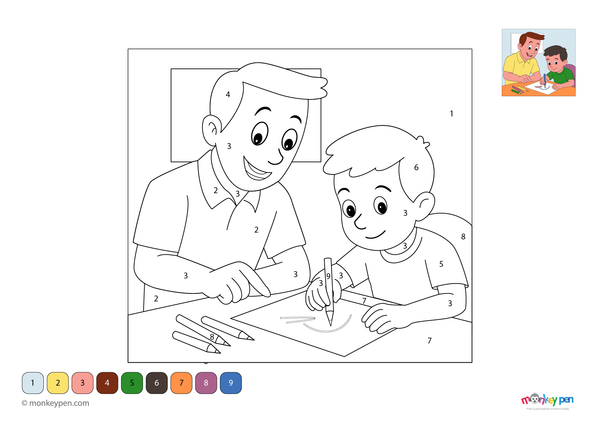 Father guiding child with homework at a desk, family bonding educational coloring activity for children.