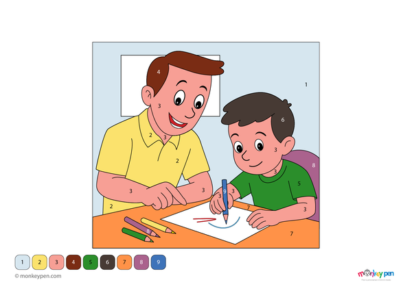 Father guiding child with homework at a desk, family bonding educational coloring activity for children.