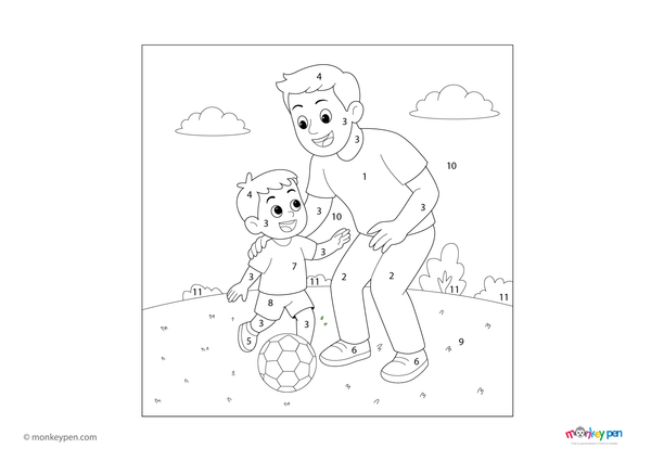 Color-by-number worksheet of a father and child playing soccer – free download to color outfits, ball, and outdoor sports scene.