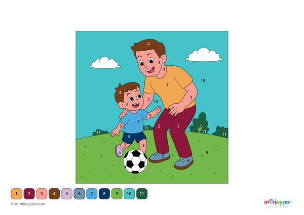 Color-by-number worksheet of a father and child playing soccer – free download to color outfits, ball, and outdoor sports scene.