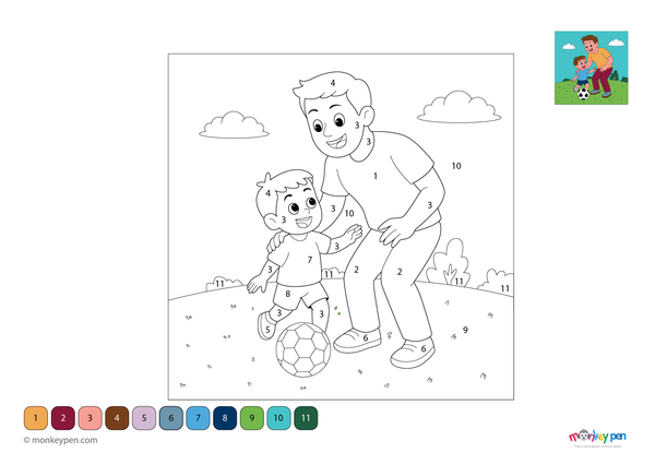 Color-by-number worksheet of a father and child playing soccer – free download to color outfits, ball, and outdoor sports scene.