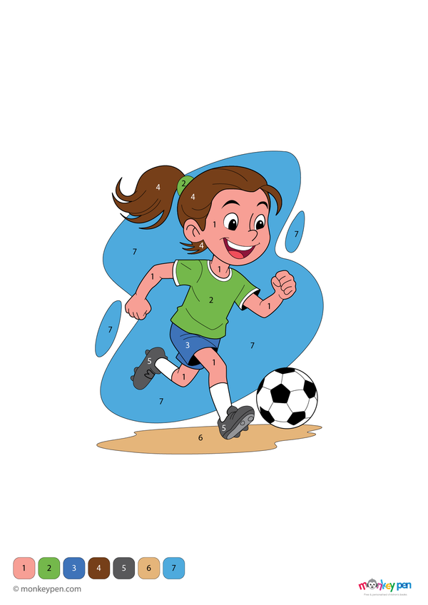 Colour by number page showing a girl kicking a football on a field, with numbered sections for colouring her outfit, ball, grass, and sky.