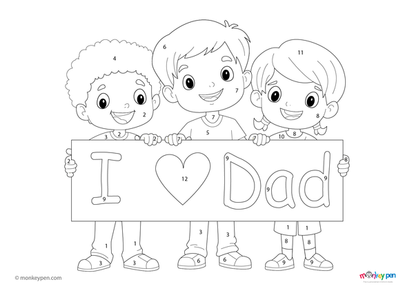 Color-by-number worksheet of children with an “I Love Dad” banner – free download to color outfits, letters, and festive background.