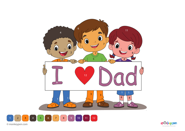 Color-by-number worksheet of children with an “I Love Dad” banner – free download to color outfits, letters, and festive background.