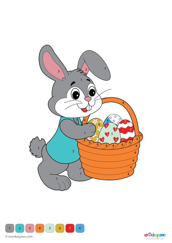 Adorable rabbit with decorated Easter eggs, holiday-themed colour by number activity for children.