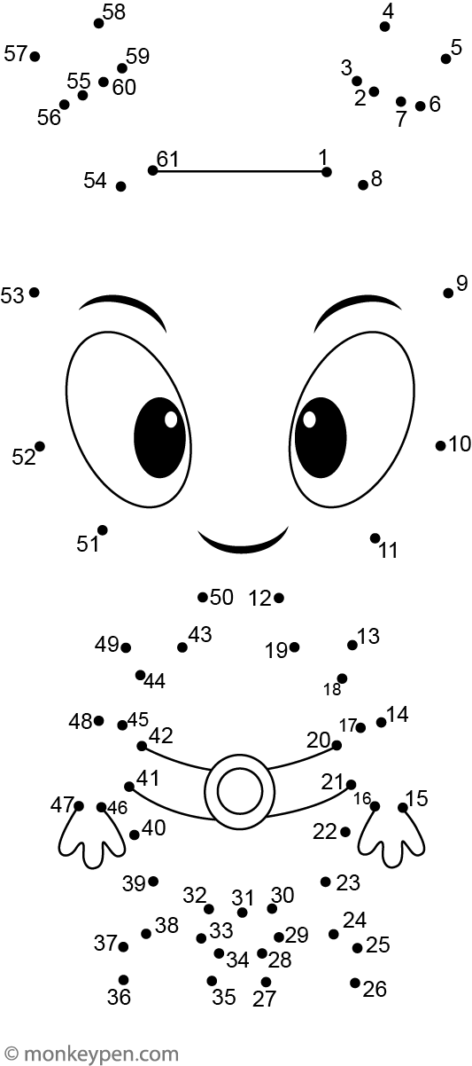 A cheerful alien character appears as children complete the numbered dot puzzle.