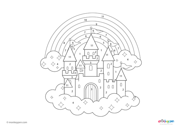 Color-by-number worksheet of a magical castle – free download to color towers, walls, and enchanted surroundings.