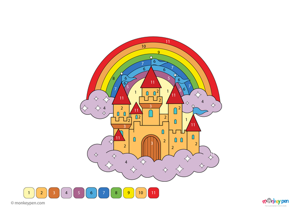 Color-by-number worksheet of a magical castle – free download to color towers, walls, and enchanted surroundings.