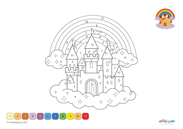Color-by-number worksheet of a magical castle – free download to color towers, walls, and enchanted surroundings.