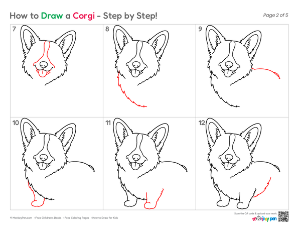 Printable corgi drawing sheet for creative learning activities.