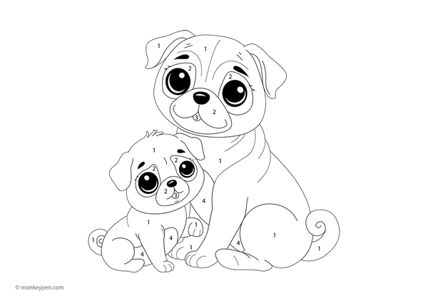 Free downloadable color-by-number sheet featuring a family of pugs with numbered sections on their fur, floppy ears, and sweet faces—a fun, pet-themed printable that helps kids practice numbers through creative coloring.