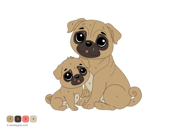 Free downloadable color-by-number sheet featuring a family of pugs with numbered sections on their fur, floppy ears, and sweet faces—a fun, pet-themed printable that helps kids practice numbers through creative coloring.