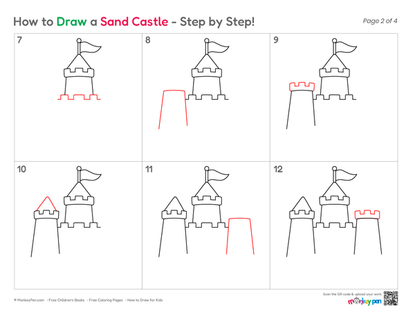 Cute sand castle drawing idea for kids' art practice.