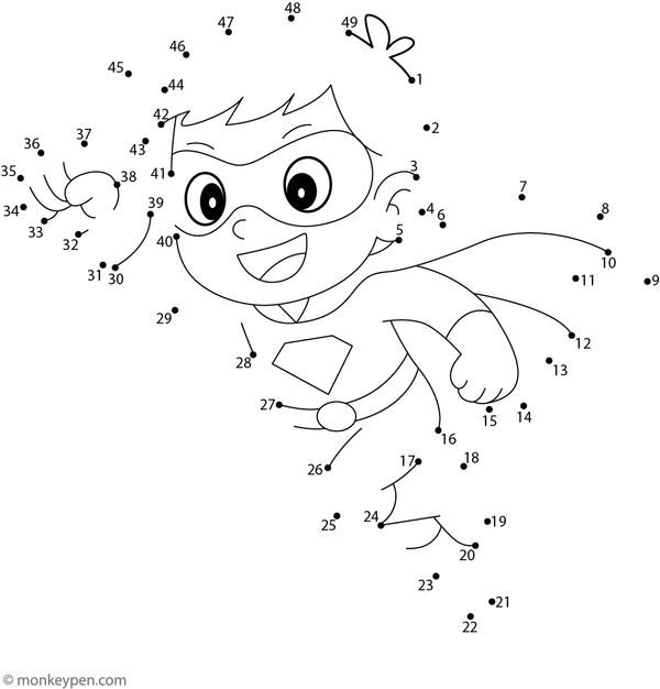Dot-to-dot worksheet featuring a superhero character for children to connect and color.