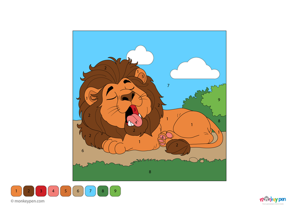 Color-by-number worksheet of a majestic lion resting – free download to color mane, fur, and natural background.