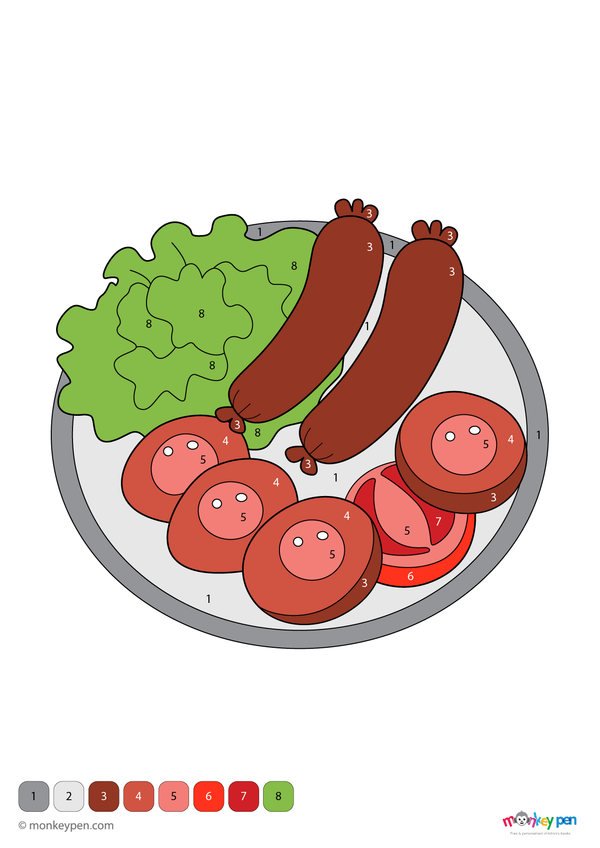 Color-by-number worksheet of a sausage – free download to color food details, serving plate, and simple background.