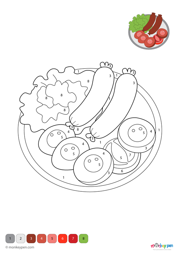 Color-by-number worksheet of a sausage – free download to color food details, serving plate, and simple background.