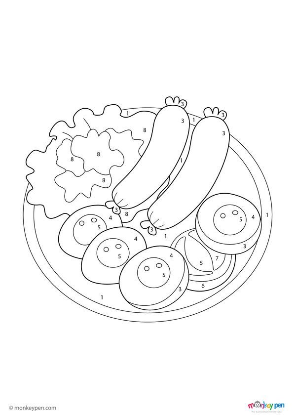 Color-by-number worksheet of a sausage – free download to color food details, serving plate, and simple background.